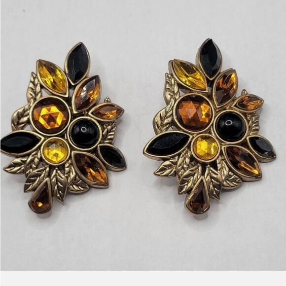 Vintage 80s Amber Black Gold Cluster Clip On Earrings Multi Gem Art Deco MCM - Picture 1 of 8